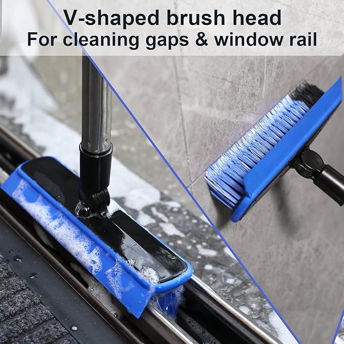 2 in 1 Floor Scrub Brush Grout Brush with 57.8" Long Handle,120°Rotatable Shower Tile Grout Scrubber,V-Shaped Corner Brush for Hard to Reach Areas (Blue)