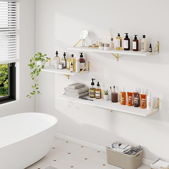 Floating Shelves for Wall, 12 Inch Deep Floating Shelves Set of 2, 55W x 12D Large Wall Shelf with Sturdy Metal Brackets for Living Room, Bathroom, Bedroom and Kitchen, White with Gold Bracket