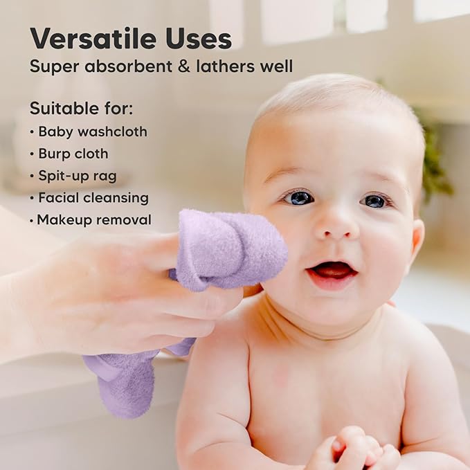 6-Pack Baby Washcloths - Soft Absorbent Viscose from Bamboo Wash Cloths for Babies, Kids, Toddlers, Infant, Newborn Bath Towels, Gentle on Sensitive Skin, 10x10 Reusable Face Towels (Soft Lilac)