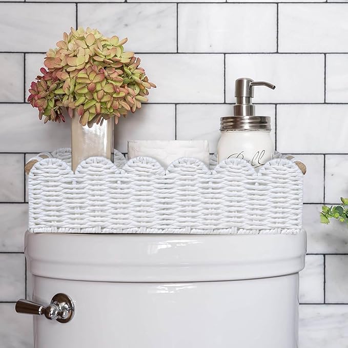 CubesLand Scalloped Edge Decor Baskets for Home, Living Room, Toilet Paper Storage Basket for Over Toilet Tank Top, Storage Shelf, Cute Small Paper Rope Baskets Both Storage&Decor, Set 2 White