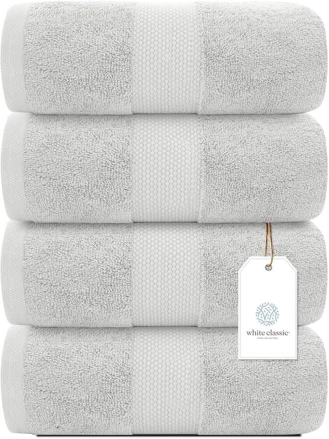 White Classic Luxury Bath Towels Set of 4 Large - 700 GSM Cotton Ultra Soft Bath Towels 27x54 | Highly Absorbent and Quick Dry | Hotel Towels for Bathroom Luxury, Plush Shower Towels, Silver