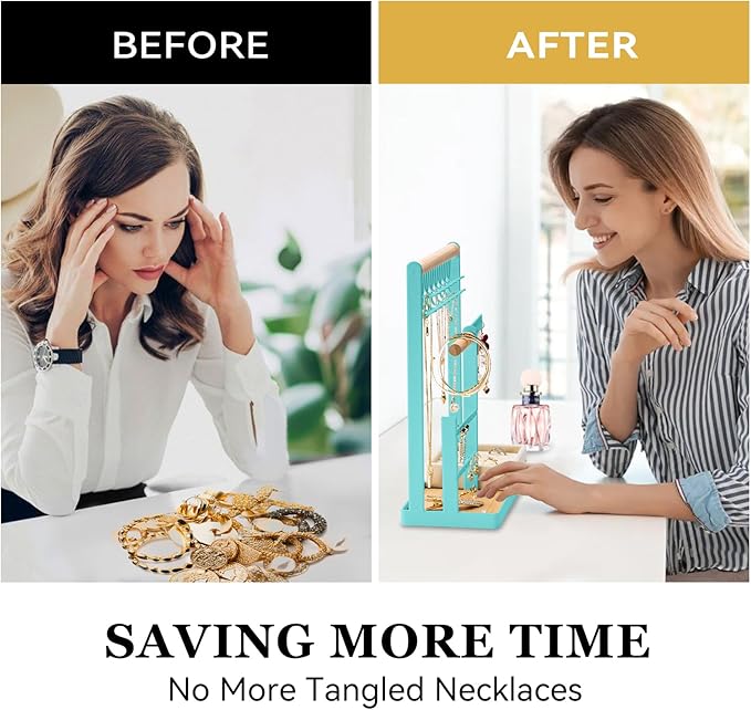 DreamGenius Jewelry Organizer Stand with Velvet Ring Holder, 4 Tier Jewelry Holder Organizer with 15 Hooks for Necklaces and 16 Holes for Earrings, Blue