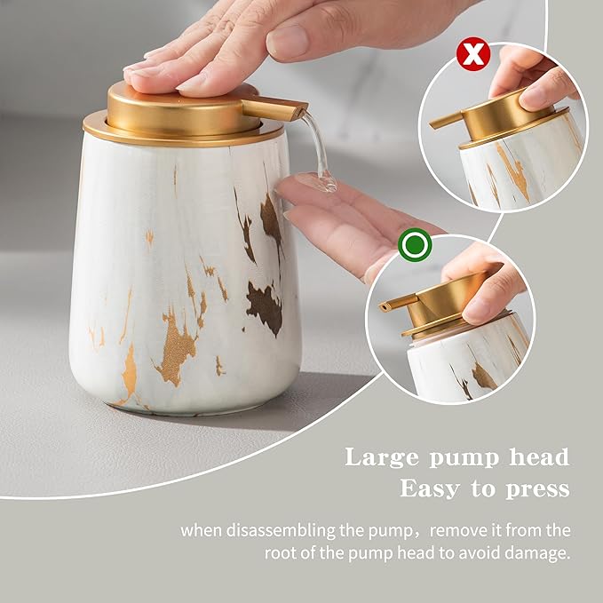 Enra Ceramic Gold Soap Dispenser,12 oz Marble Lotion Dispenser Bathroom Liquid Refillable Hand Soap Dispenser for Bathroom Kitchen with Easy-to-Press Pump (Glod Liquid Type)
