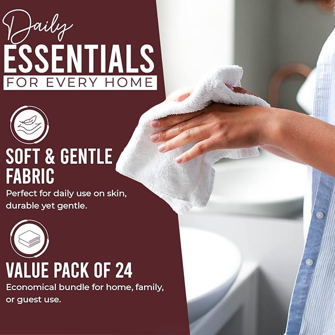 DAN RIVER 24 Pack Wash Cloths for Showering [12x12] - 100% Cotton Washcloths Premium Quality Flannel Face Cloths for Bathroom, Highly Absorbent and Soft Feel Wash Clothes, Pomegranate