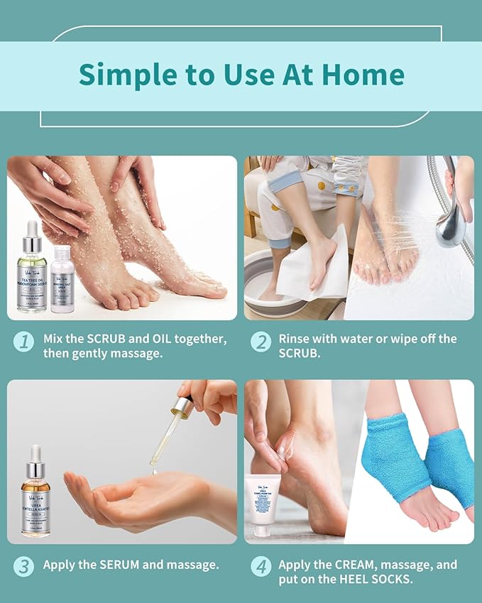 VTS Foot and Hand Care Kit - Includes Tea Tree Oil, Salt Scrub, Serum, Urea Cream 40 Percent, Moisturizing Heel Socks - Home Pedicure Spa Kit for Dry Cracked Heels Feet Knees Elbows Hands