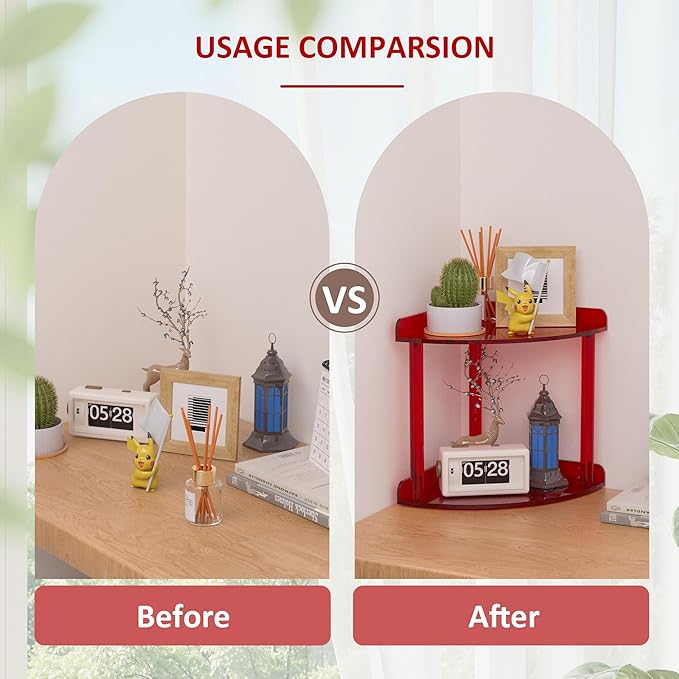 2 Tier Countertop Corner Organizer Shelf 7x7x8 Inch, Red Acrylic Bathroom Corner Shelf for Countertop, Vanity Storage for Skincare, Cosmetics, Perfume