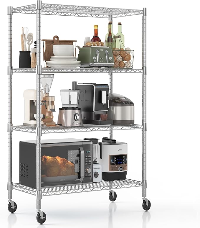 Homdox 4 Tier Heavy Duty Metal Shelves for Storage, Storage Racks and Shelving with Wheels, Commercial Adjustable Wire Shelving Unit, Garage Rack Pantry Shelves Kitchen Shelving, Chrome