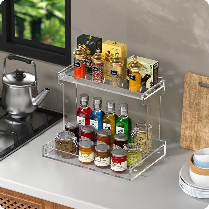 NPPLUS Bathroom Countertop Organizer, 2-Tier Clear Acrylic Counter Storage Shelf for Bathroom Counter Organizer, Clear Makeup Storage Vanity Trays for Cabinet, Kitchen Spice Rack