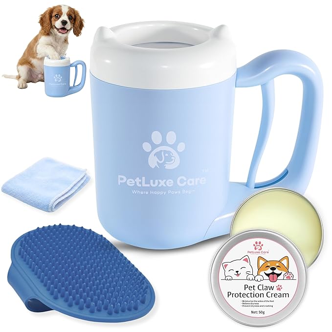 Dog Paw Washer Kit - Includes Paw Cleaner Cup, Towel, Pet Bath Brush & Moisturizing Balm - Dog Foot Washer for Muddy Paws, ideal for Small & Medium Dogs (Blue, Small)