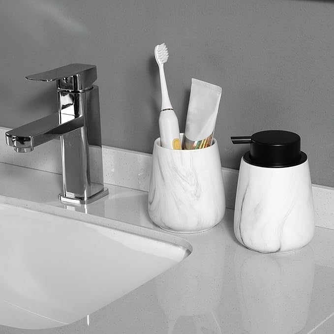 2Pcs Toothbrush Holder for Bathroom - Marble White Ceramic Tooth Brushing Holders Set, Toothbrush Cup & Toothpaste Organizer for Bathroom Countertop, Makeup Brush Holder, Pen Holder for Home Storage