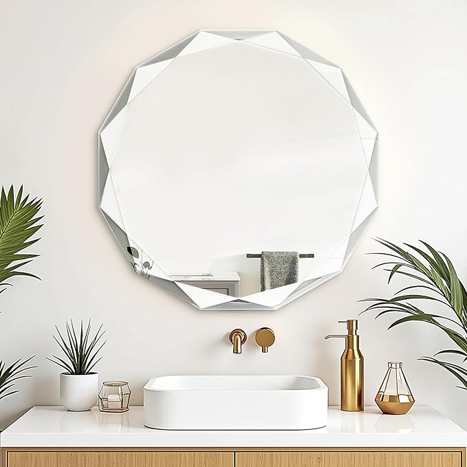 Bathroom Mirror for Wall, 20" x 20" Oval Bathroom Vanity Mirror, Beveled Edge Frameless Wall Mount Vanity Mirror, Wall Decorative Irregular Beveled Edge