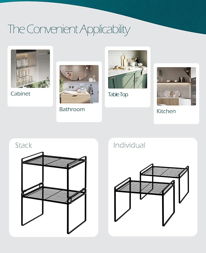 2Pack Kitchen Cabinet Shelf Counter Organizer Rack Pantry Storage Bathroom Bedroom Office Table Desk Space Saving Stackable Rust Resistant Non Slip Black Tall Wide L13.1in W10.6in H9.5in