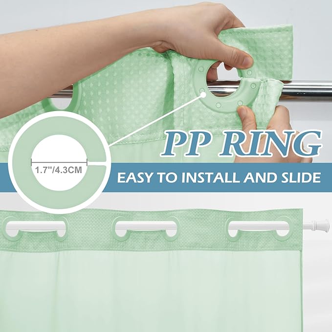 Mint Green Stall No Hook Shower Curtain with Snap in Liner,230GSM Waffle Weave Shower Curtains for Bathroom,54W x 80H