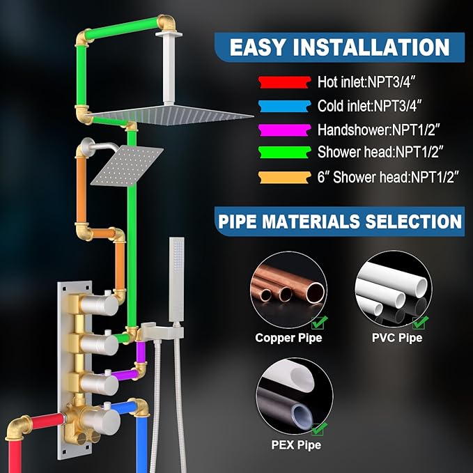 Enga Thermostatic Dual Head Shower System, 16" + 6" Dual Rainfall Shower System (Can All Run Together & Volume Adjustable) Dual Shower Head Combo Set, Brushed Nickel