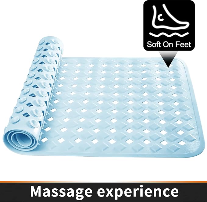 Yimobra Bathtub Mat Non Slip, Super Strong Suction Cups, 27.5"x15.5" Long Shower Mat with Drain Holes, Machine Washable Fast Draining Bath Mats, Bathroom Essentials,Light Blue