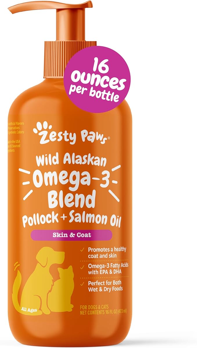 Zesty Paws Wild Alaskan Omega-3 Blend Pollock + Salmon Oil for Dogs and Cats- Skin and Coat Support, Omega 3 Supplement for Pets, 16oz