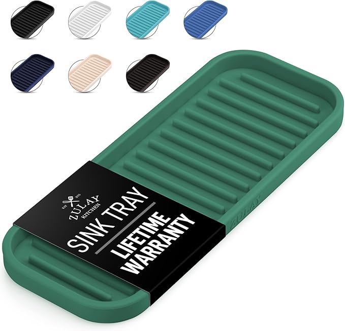 Zulay Kitchen (9x3.5) Silicone Sponge Holder for Kitchen Sink - Flexible Multipurpose Soap Tray - Sink Organizer for Kitchen, Bathroom, Makeup, Trinkets & More (Pine Green)