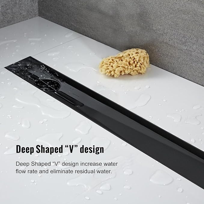 Offset Linear Shower Drain, Black Shower Drain 36 inch with 2-in-1 Tile Insert Cover, Brushed 304 Stainless Steel Side Outlet Black Shower Floor Drain with Hair Catcher and Adjustable Feet
