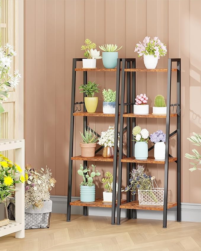 Furologee 4 Tier Ladder Bookshelf Narrow, Metal Wooden Ladder Shelf Bookcase with 2 Hooks, Small Rustic Brown Bookshelves Free Standing, Skinny Leaning Book Shelves for Bedroom Bathroom Living Room