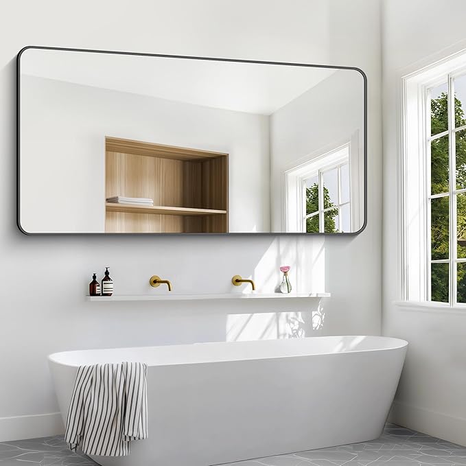 BONEWEI 72x36 inch Large Bathroom Mirror,Black Rectangle Mirror,Wall Mounted Bathroom Frame Vanity Mirror with Round Corner for Bedroom Living Room,Entryway Hangs Horizontal or Vertical