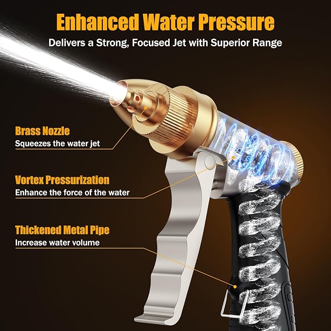 Heavy Duty Brass Garden Hose Nozzle High Pressure Metal Water Spray Nozzle with 4 Adjustable Patterns for Garden Watering, Car Washing & Pet Bathing (Brass)