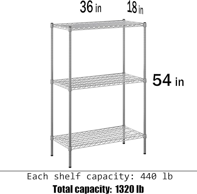 18" Deep x 36" Wide x 54" Height Wire Shelving Kit | 3-Tier | NSF Commercial Storage Rack Unit