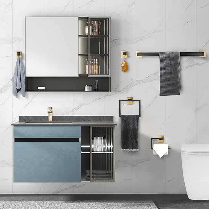 YACVCL 5 Pieces Bathroom Hardware Set, Black and Gold Towel Bar Set, 23.6 inch Towel Bar Hand Towel Holder Wall Mounted Stainless Steel
