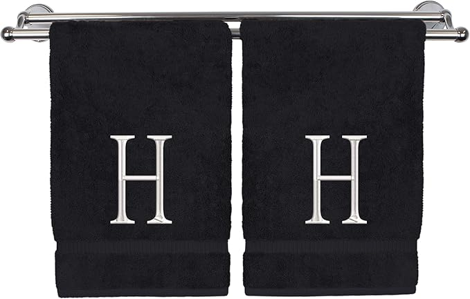 Monogrammed Hand Towel, Personalized Initial Gift, Extra Absorbent 100% Turkish Cotton - Soft Terry Finish - Set of 2 - White Block Initial H - Embroidered on Black Towels