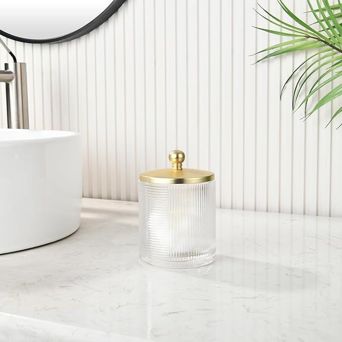 Clear Transparent Apothecary Ribbed Geometric Etched Glass Jar W/Gold Lid Cover for Bathroom Organization, Cotton Balls, Q Tips, and Small Accessories, Bathroom Storage