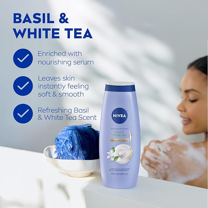 NIVEA Refreshing Basil and White Tea Body Wash with Nourishing Serum, Scented Body Wash for Women, Enriched with Provitamin B5 and Vitamin E, 20 Fl Oz Bottle