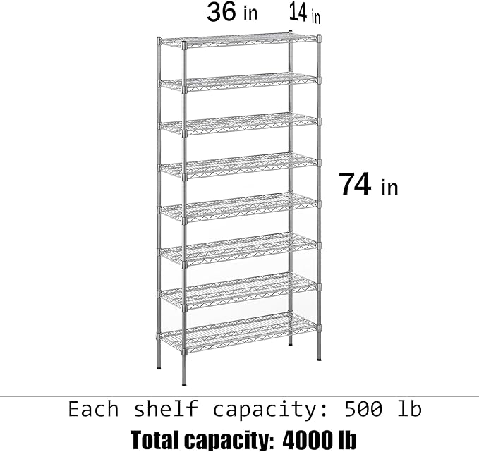 14" Deep x 36" Wide x 74" Height Wire Shelving Kit | 8-Tier | NSF Commercial Storage Rack Unit
