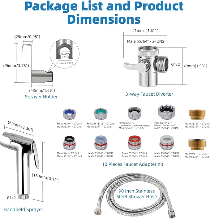 Hibbent Sink Faucet Hose Sprayer Attachment with 10 Adapters - Dual Function Handheld Bidet, Rinser & Shower Head - for Feminine Hygiene, Baby Diaper Cleaning & Pet Bathing