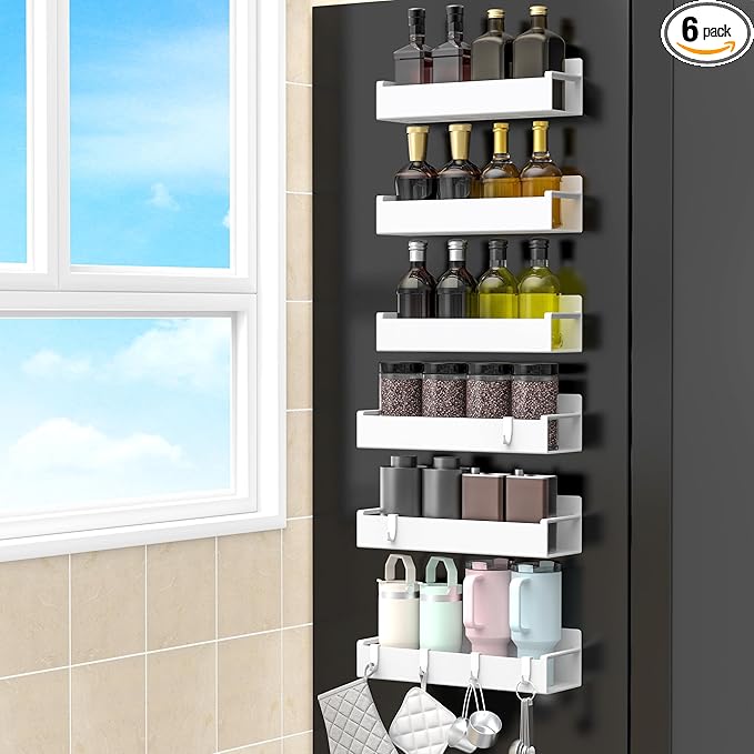 6 Pack Magnetic Spice Rack Organizer for Refrigerator and Oven, White Fridge Organizers and Storage for Kitchen