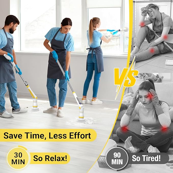 Electric Spin Scrubber, Cordless Cleaning Brush with LED Display, 4 Adjustable Angles, 3 Speeds, 2H Runtime, Adjustable Handle, 5 Brush Heads for Bathroom Tub Kitchen Tile Floor Car