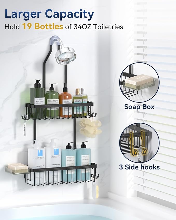YASONIC Shower Caddy Hanging, Never Rust Shower Organizer Hanging, Aluminum Shower Racks for Inside Shower with Hooks for Razor, Bathroom Organizers and Storage with Soap Holder, Black
