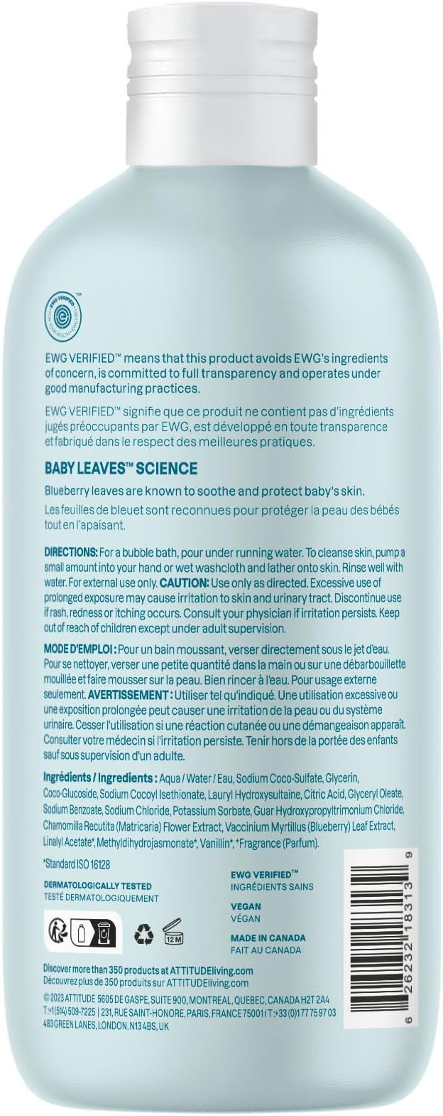ATTITUDE Bubble Body Wash for Baby, EWG Verified, Dermatologically Tested, Plant and Mineral-Based, Vegan, Good Night, 16 Fl Oz
