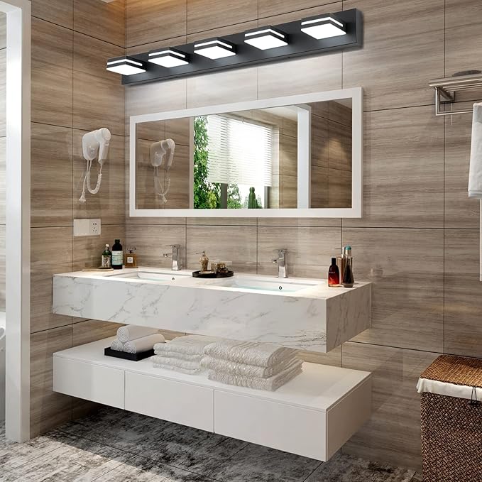 SineRise LED Modern Bathroom Vanity Light Fixtures (5-Light, 40-Inch), Matte Black Modern Acrylic Bathroom Wall Lighting Fixtures Over Mirror (Cool White 6000K)