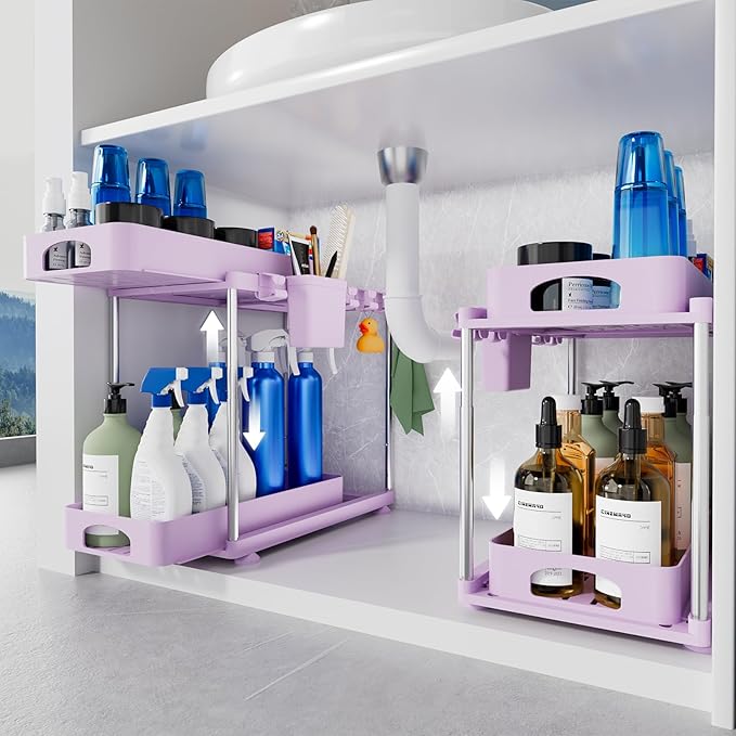 VERIFOST Under Sink Organizer - 2 Pack Adjustable Height, 2 Tier Organizers for Bathroom & Kitchen Sink, Purple