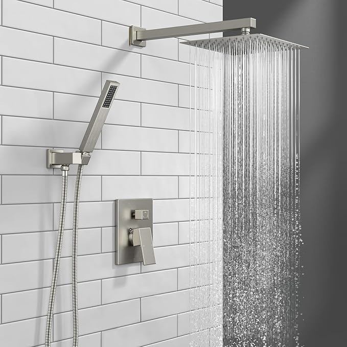 Lava Odoro Modern 2-Setting Square Shower System with Rain Shower Head and Handheld Spray Brushed Nickel, Rainfall Shower Faucet Set Brushed Nickel, Shower Valve and Trim Kit, SF103-BN