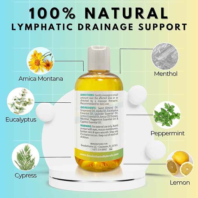 Lymphatic Drainage Massage Oil for Massage Therapy | Premium Quality, 100% Natural with Arnica Eucalyptus & Menthol | for Post Surgery Recovery & Detox | 8oz by Brookethorne Naturals