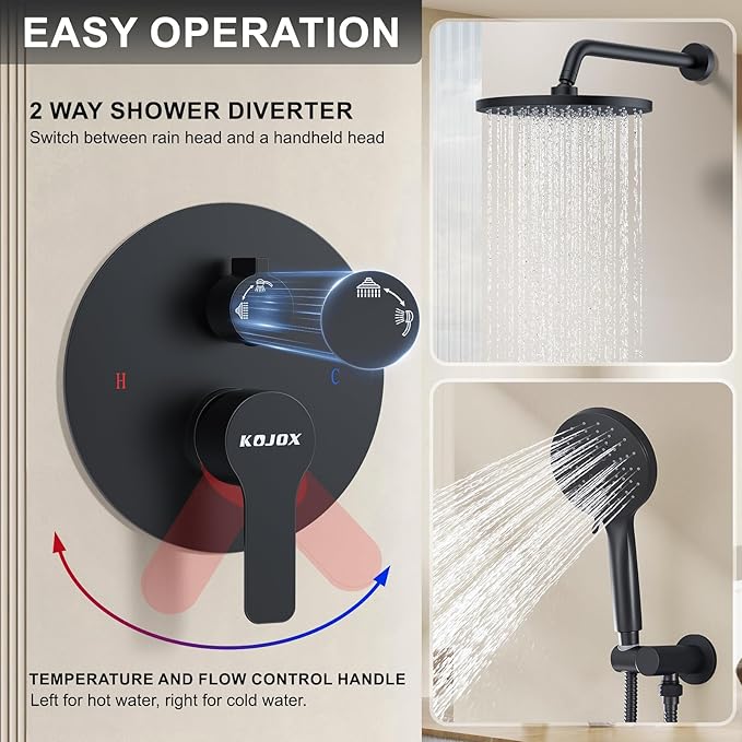 KOJOX Shower System- High Pressure Shower Head- 3 Setting Headheld Shower Head Fixtures- Shower Valve Included (Matte Black)