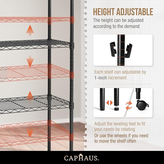 CAPHAUS NSF Adjustable Height Wire Shelving Unit w/Liner, Basement Storage Shelving, Metal Steel Storage Shelves, Garage Shelving Storage Organizer, Utility Shelf, 4-Tier W/Wheels W/Liners, Black