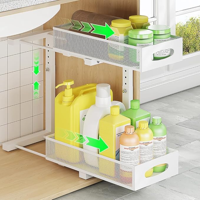 Under Sink Organizer, 2-Tier Pull Out Cabinet Organizer with Adjustable Height, Use in Kitchen Bathroom Cabinet and Countertop Storage, White