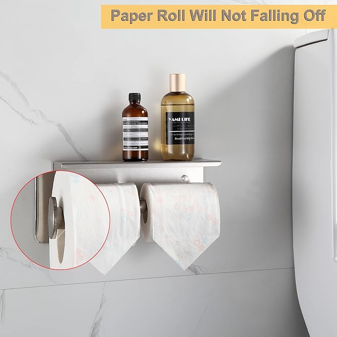 BGL Toilet Paper Holder with Shelf Brushed Nickel Double Head Toilet Tissue Roll Holder 304 Stainless Steel Wall Mount for Bathroom