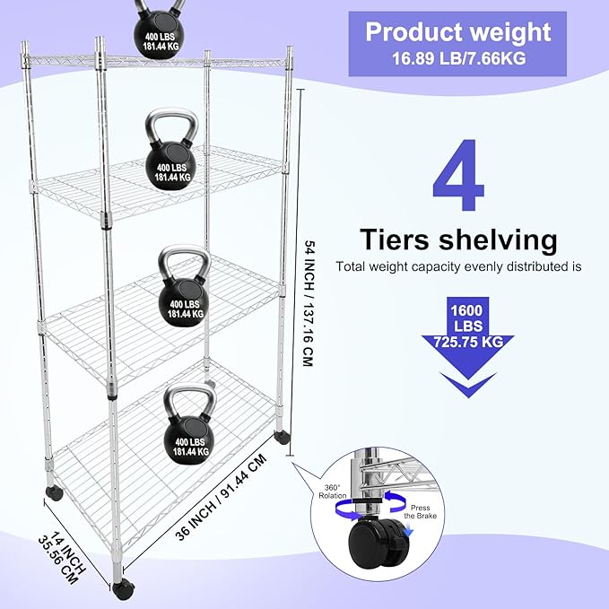 Whitmor 4 Tier Storage Shelves, Heavy Duty with Wheels, Adjustable Steel Organizer Wire Rack, 400 lbs Capacity per Shelf, Max 1600 lbs Total for Garage, Kitchen, Plant, 36" L x 14" W x 54" H, Chrome