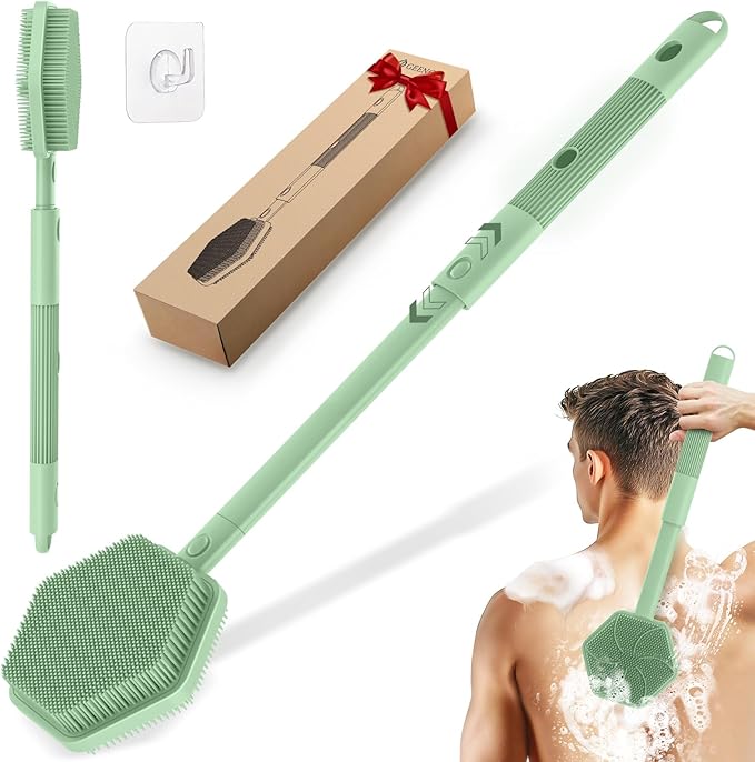 Silicone Back Scrubber for Shower, 16''-21''Extendable Shower Back Scrubber with Dual-Side Large Brush Head, 3-Length Back Brush Bath Brush with Strong Handle & Rich Foaming Bristles(Green)