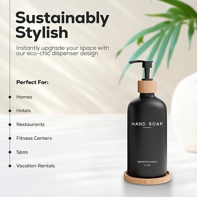 Black Glass Hand Soap Dispenser Bathroom Set by Brighter Barns - Bathroom Soap Dispenser Set with Tray - Glass Pump Bottle - Luxury Bathroom Accessories for Hotel, Vacation Rental, Restaurants (Black)