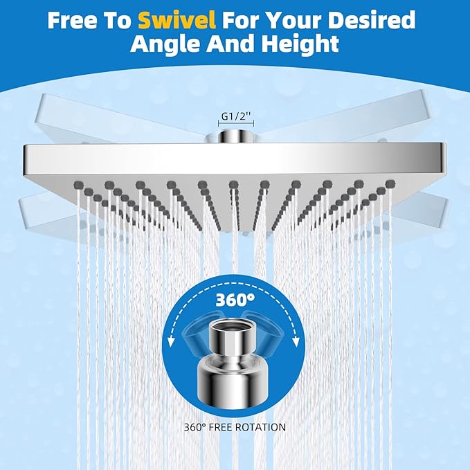 Hibbent Thickness Metal Rain Shower Head, 8 Inch High Pressure Rainfall Shower Head, Square Bathroom Waterfall Shower Heads, High Flow Fixed Showerheads with Adjustable Brass Ball Joint, Chrome