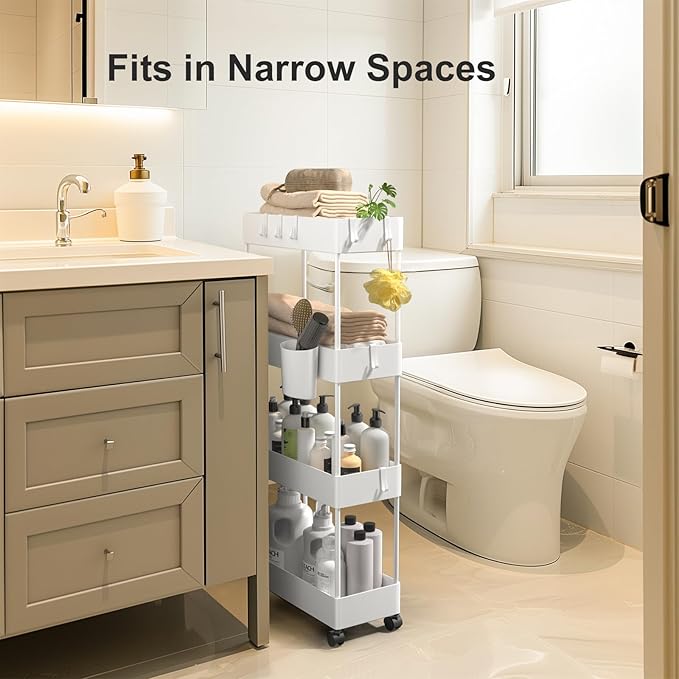 Pipishell Slim Storage Cart with Wheels, 4 Tier Bathroom Storage Organizer Rolling Utility Cart for Bathroom Kitchen Laundry Room Office Narrow Place (White)