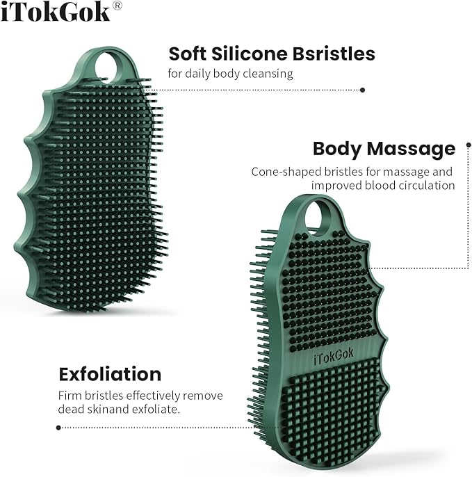 Silicone Body Scrubber Silver-Infused Dual-Sided 3-in-1 for Shower, Body Cleaning+Massage+Exfoliator Body Brush Buffer for Men and Women, Silicone Loofah, Non-Slip Handle (Midnight Green)